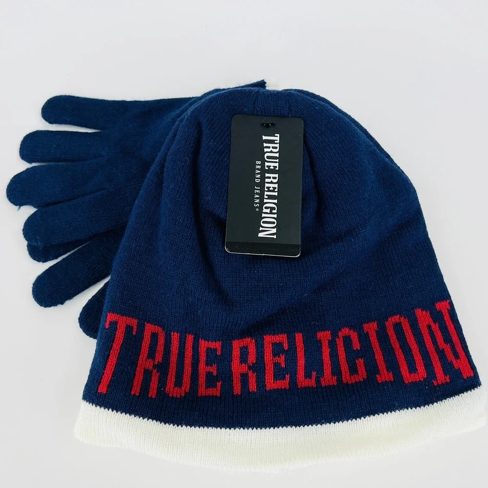True Religion Kids Warm Beanie & Gloves 2-Pieces‎ Set Blue Red Logo Front OS NWT